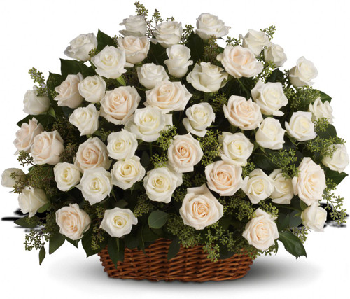 White Rose Funeral Basket by Sympathy Flower Shop. White roses with fragrant seeded eucalyptus beautifully presented in a large basket. Your best Houston funeral florist. SKU SYM418