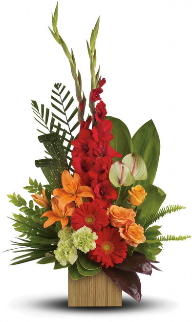 Loving Companion Sympathy Bouquet by Sympathy Flower Shop. A reminder of the joy of life, this stunning arrangement of orange and red floral favorites in a stylish bamboo cube is a gift that will be loved - and remembered. SKU SYM440