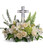Glorious Love Large Crystal Cross with All White Funeral Flowers from Sympathy Flower Shop. Your funeral flowers will arrive with green hydrangea, crème roses, white lilies, white alstroemeria are accented with sword fern, spiral eucalyptus, and lemon leaf. Funeral flowers are approximately 22" W x 18" H.
SKU SYM450
