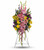 Rainbow Radiance Standing Spray by Sympathy Flower Shop.  Our beautiful standing spray of sympathy flowers includes pink stargazer lilies, yellow gerbera daisies, yellow alstroemeria, pink gladioli, purple carnations and purple larkspur accented with oregonia and lemon leaf.
SKU SYM609