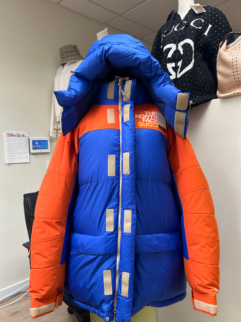 Gucci north face puffer jacket, orange & blue