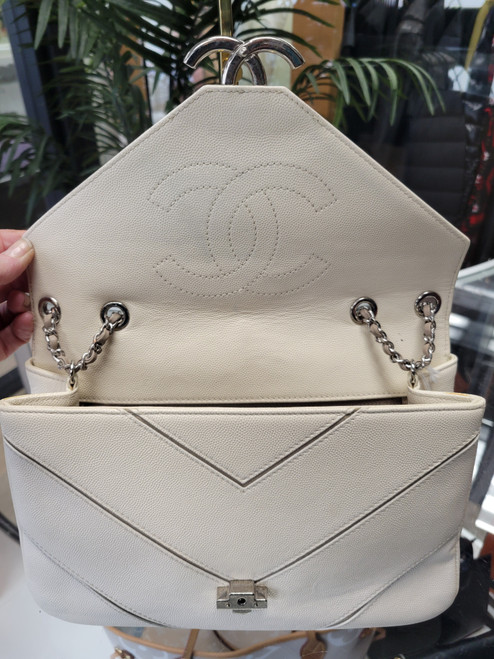 Chanel Cream & Taupe Caviar Leather Chevron CC Flap Bag
