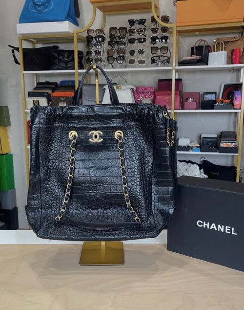 BLACK CHANEL CROC EMBOSSED LARGE TOTE
