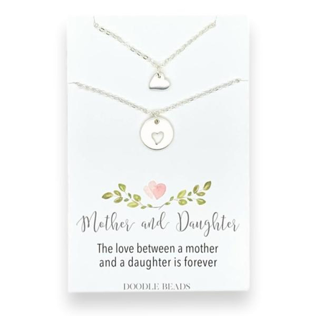 Mother Daughter Necklace Set, Tiny Hearts & Cut Out Heart Charm Necklace (Silver)
