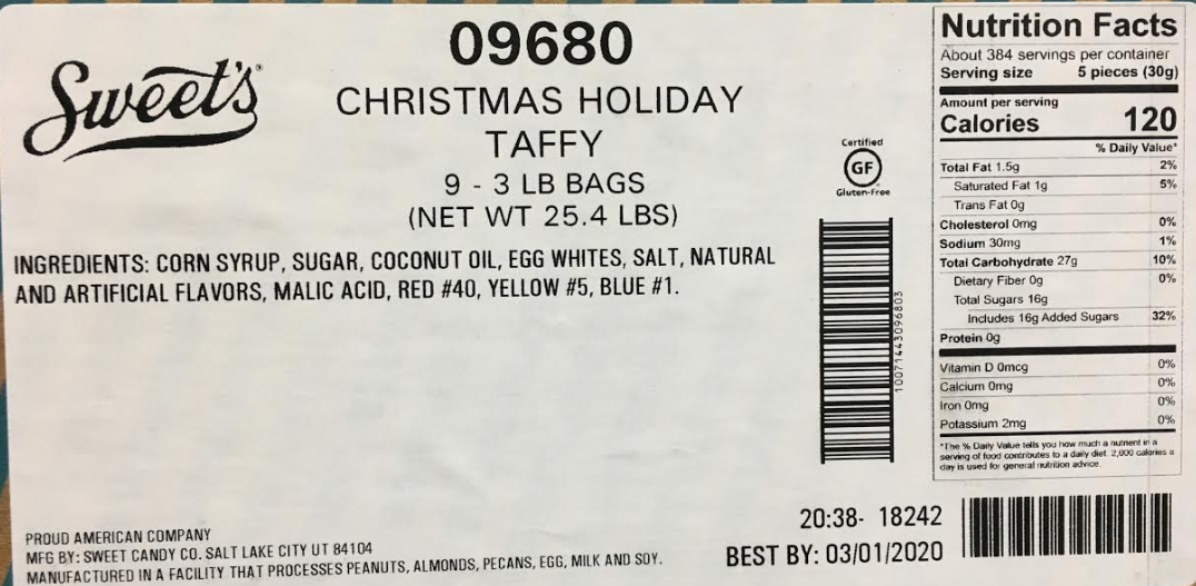 Christmas Holiday Salt Water Taffy  (3 Pound Bag)