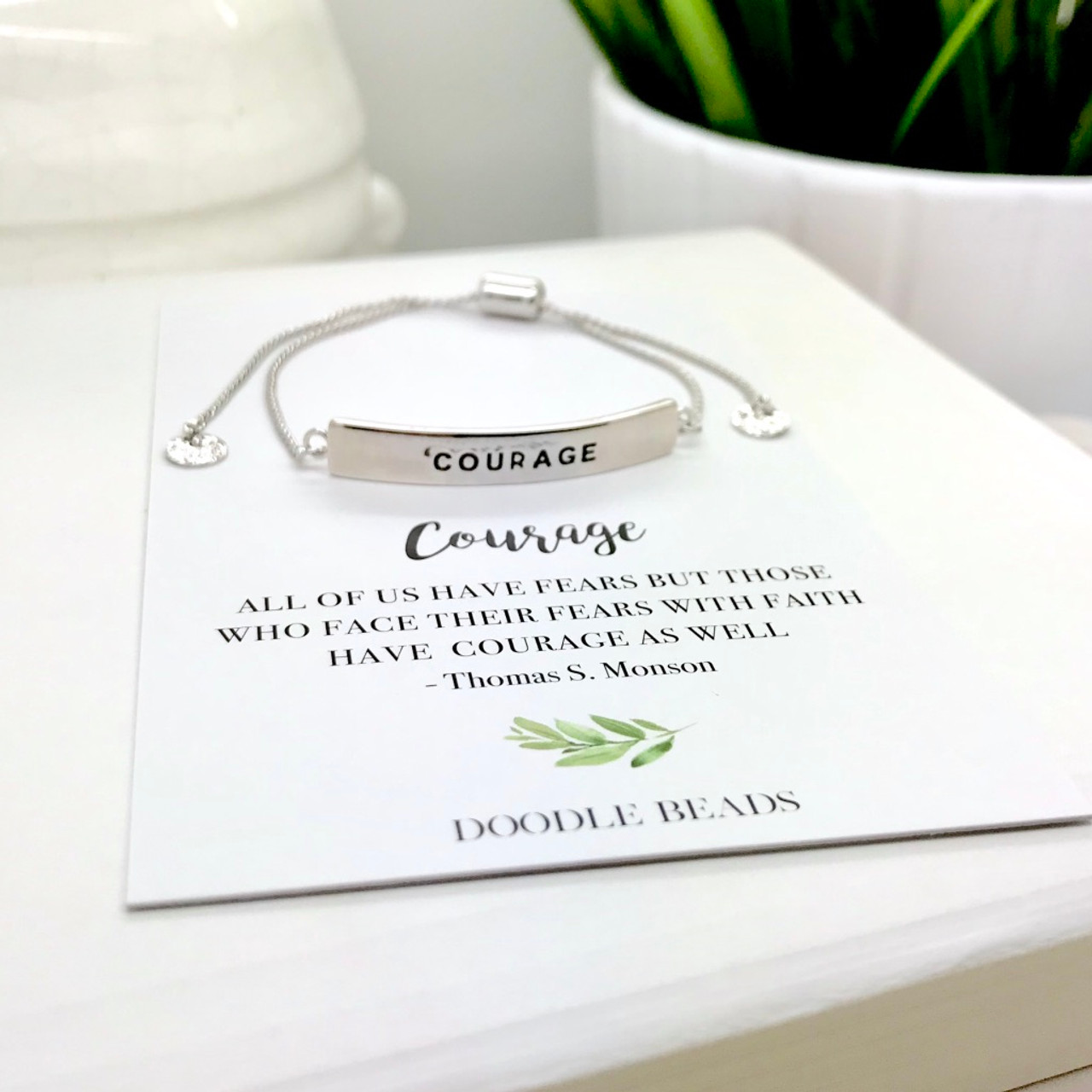 Courage Bracelet, Silver Stamped Bar Bracelet With Card