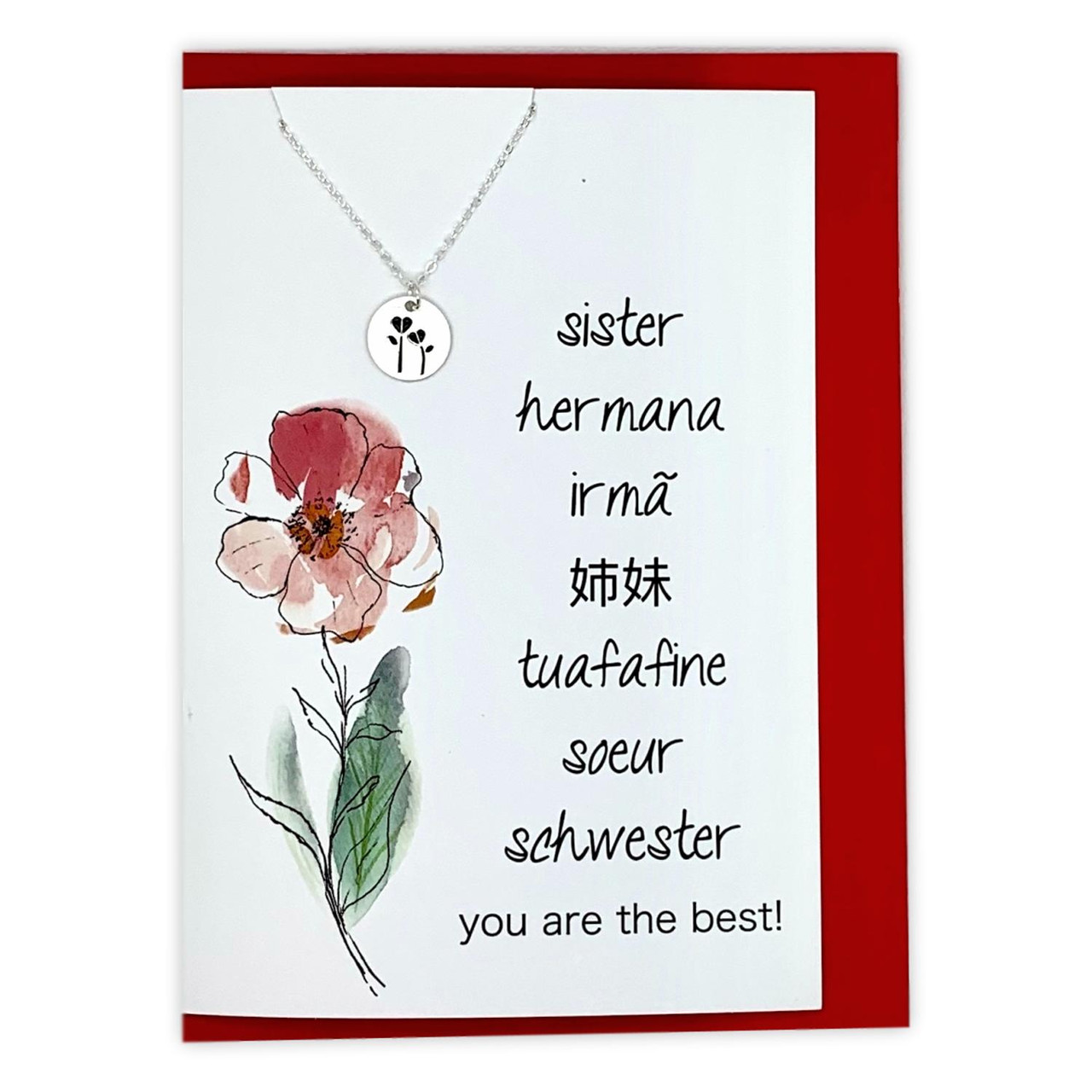 Sister You Are The Best! Greeting card w/ stamped flower necklace.