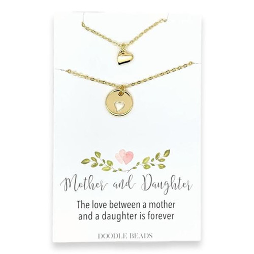 Mother Daughter Necklace Set, Tiny Hearts & Cut Out Heart Charm Necklace (Gold)