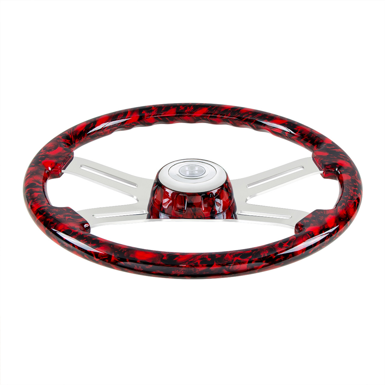 18" 4 Spoke Skull Steering Wheel With Matching Skull Horn Bezel - Red