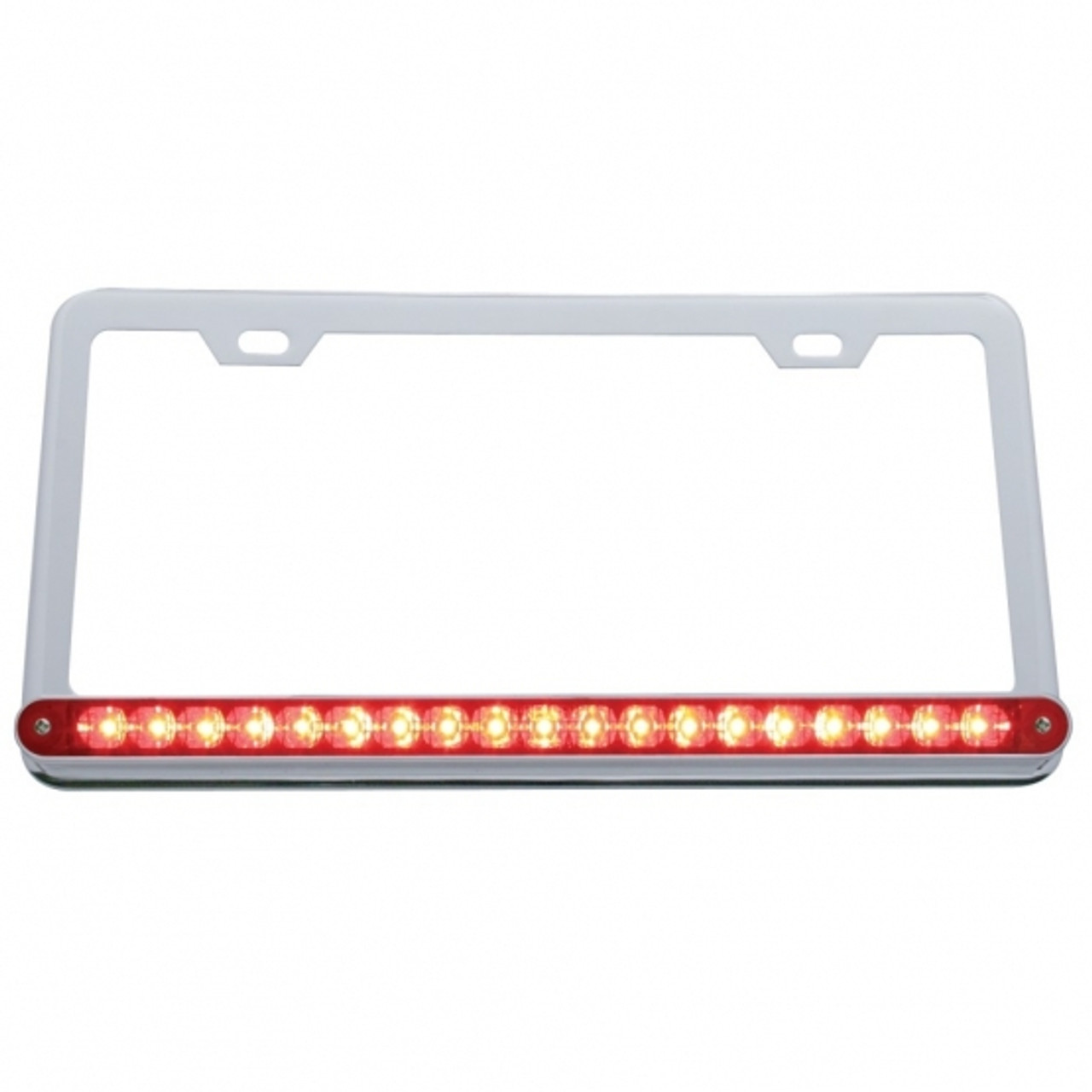 Chrome License Plate Frame With 19 LED 12" Reflector Light Bar - Red LED/Red Lens