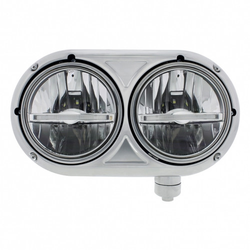 Stainless Dual Headlight With 9 LED Bulb & Amber LED Position Light Bar For Peterbilt 359 -Passenger