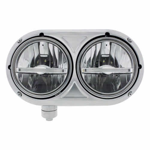 Stainless Dual Headlight With 9 LED Bulb & White LED Position Light Bar For Peterbilt 359-Driver