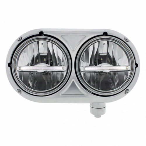 Stainless Dual Headlight With 9 LED Bulb & White LED Position Light Bar For Peterbilt 359-Passenger