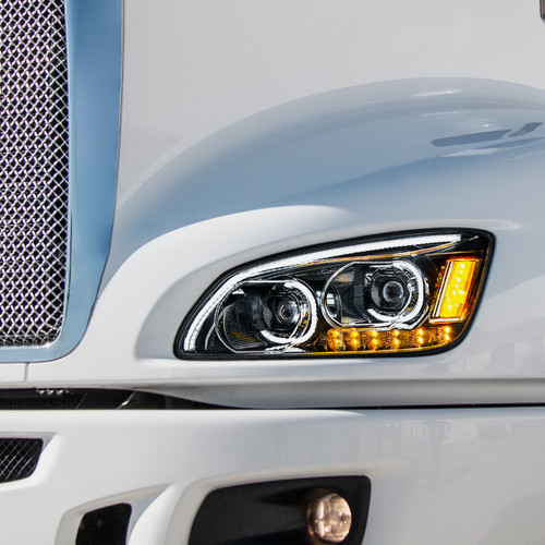 "Blackout" LED Headlight With LED Turn Signal & LED Position Light Bar For 2008-2017 Kenworth T660 - Driver Closeup