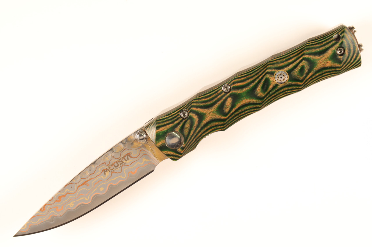 MC-145 Custom SPG2 core Mokume Damascus Green Wood 3.75" Folding Knife