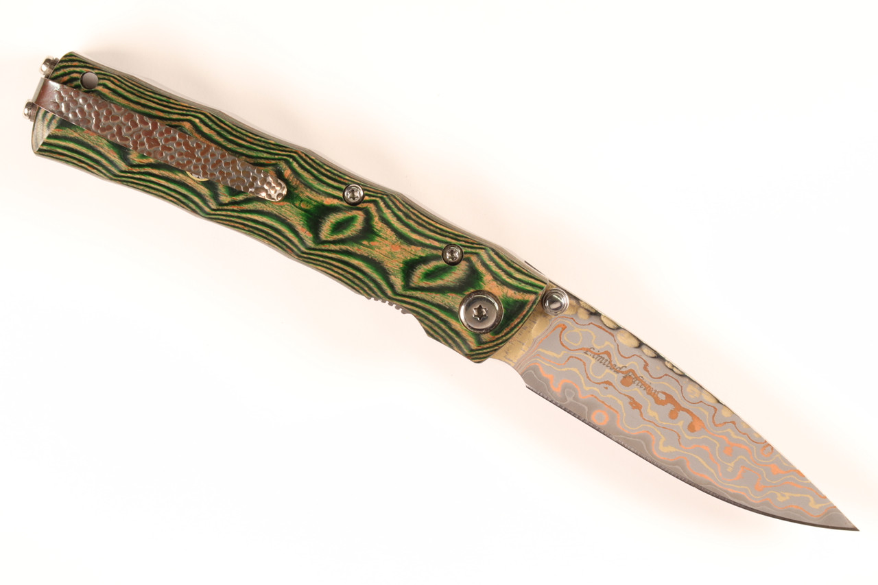 MC-145 Custom SPG2 core Mokume Damascus Green Wood 3.75" Folding Knife