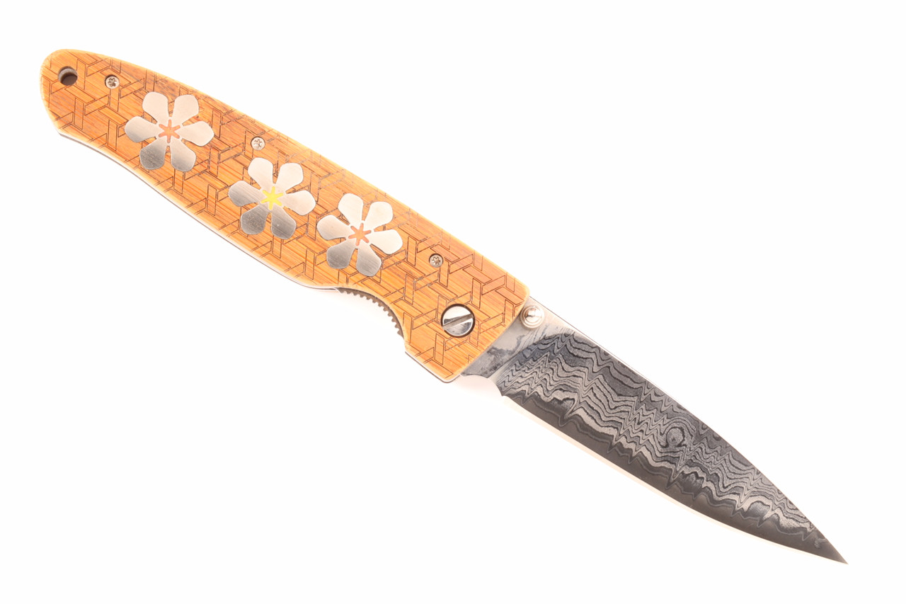 Limited Edition SN 001 Flower Inlay 4.3" Bamboo Handle Damascus Blade Folding Knife