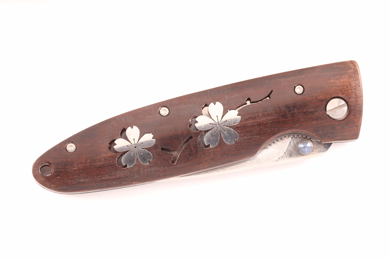 Limited Edition SN 001 Flower Inlay 4.3" Ebony Handle Damascus Blade Folding Knife