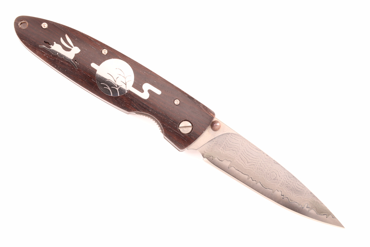 Limited Edition SN 001 Rabbit Inlay 4.3" Ebony Handle Damascus Blade Folding Knife