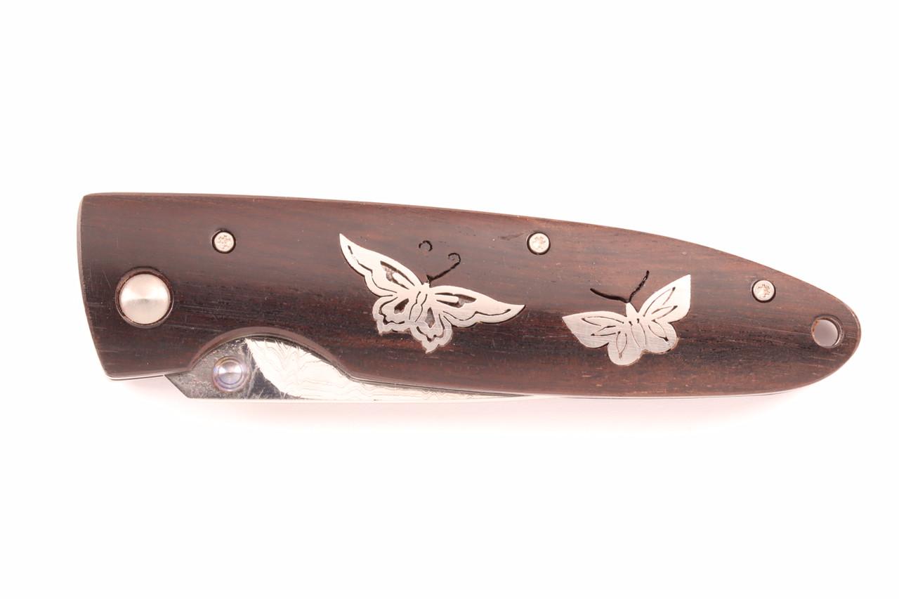 Limited Edition SN 001 Butterfly Inlay 4.3" Ebony Handle Damascus Blade Folding Knife