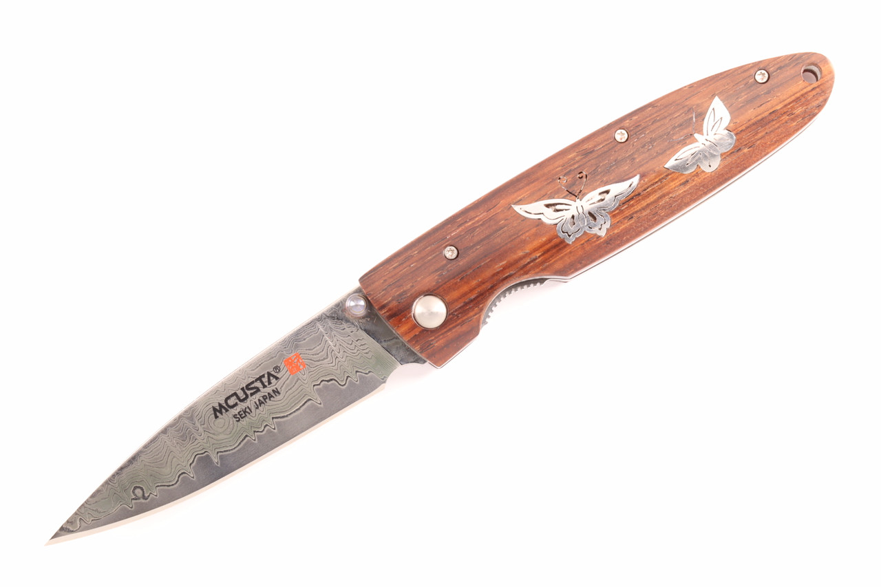 Limited Edition SN 001 Butterfly Inlay 4.3" Cocobolo Handle Damascus Blade Folding Knife