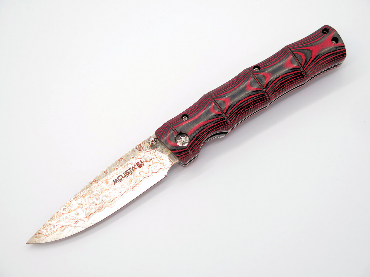 Blade Show 2026 Custom 1/1 Red Bamboo Handle Rainbow Damascus