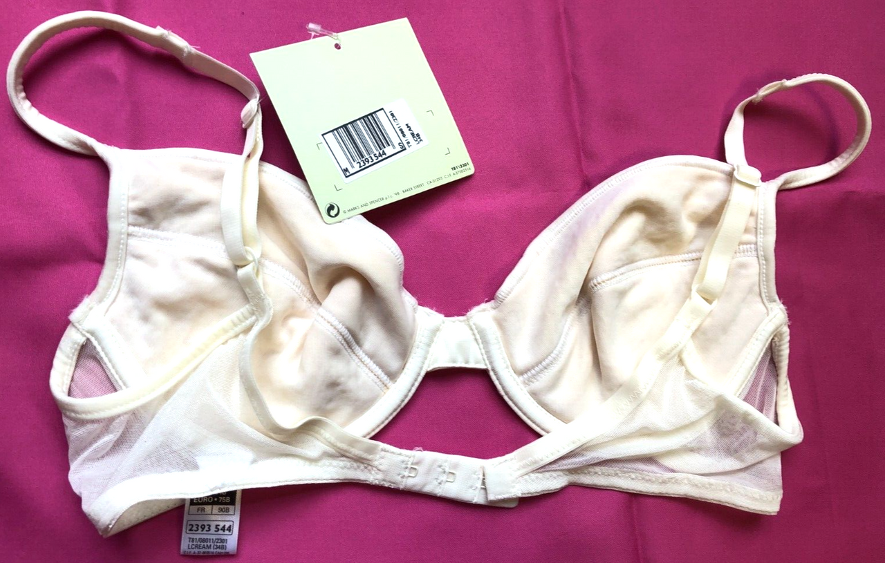 M&S Bra 34C Blue/White Spot Moulded Plunge Underwired Cotton Rich Angel  New+Tags - Against Breast Cancer