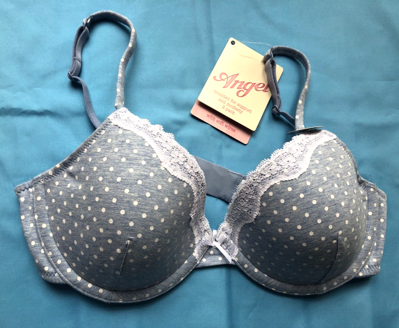 M&S Bra 34C Blue/White Spot Moulded Plunge Underwired Cotton Rich Angel  New+Tags