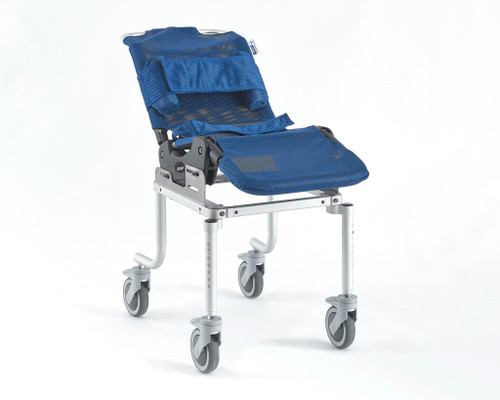 Pediatric Roll-in base with Leckey size 1 to 4 mesh bath chair mounted on top