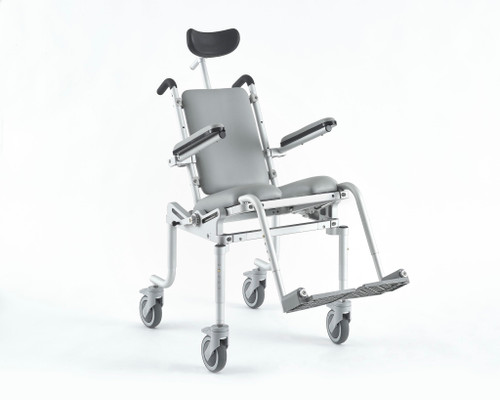 Pediatric roll-in shower / commode chair with tilt-in-space