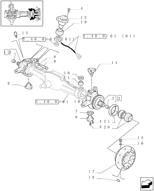 TM120-1.40.4/02[01] - (VAR.452) 4WD FRONT AXLE WITH BRAKES FOR TERRALOCK - STEERING PIVOT PINS AND HUBS