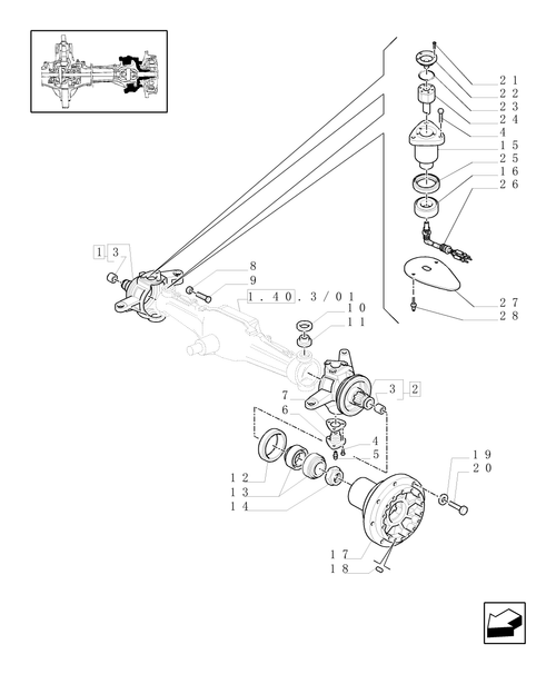 TM140-1.40.3/02[01A] - (VAR.420) 4WD FRONT AXLE WITH SUSPENSIONS AND ''TERRALOCK'' (SPS) -STEERING AXLES - HUBS - D5196