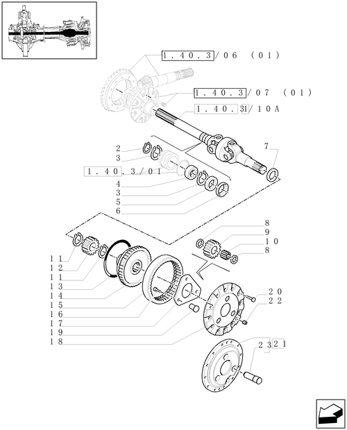 TM140-1.40.3/10[01] - (VAR.420) 4WD FRONT AXLE WITH SUSP. AND''TERRALOCK'' -SEMI POWER SHIFT - GEARS AND DIFFERENTIAL SHAFT