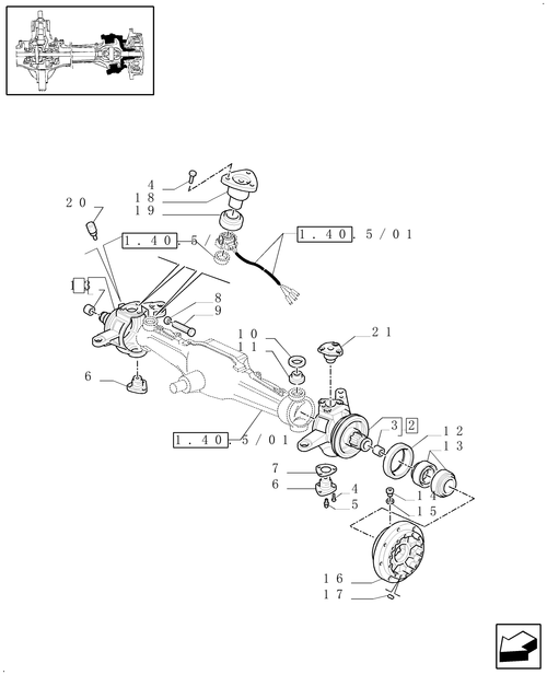 TM140-1.40.5/02[01] - (VAR.452/1) 4WD FRONT AXLE WITH SUSPENSIONS, BRAKE, TERRALOCK, S.P.S. - STEERING PIVOT PINS - C5196