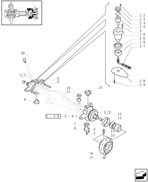 TM140-1.40.5/02[01A] - (VAR.452/1) 4WD FRONT AXLE WITH SUSPENSIONS, BRAKE, TERRALOCK, S.P.S. - STEERING PIVOT PINS - D5196