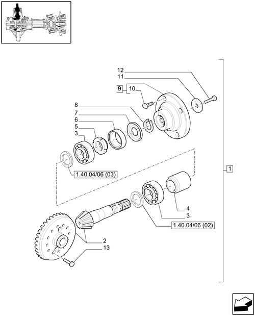 T6010 PLUS-1.40.04/06[01] - VAR - 330414 - (CL.3) SUSPENDED FRONT AXLE W/MULTI-PLATE DIFF. LOCK AND ST. SENSOR - BEVEL GEAR PAIR - END S/N  Z8BD08969 ; (SN Break) Before Z8BD08969