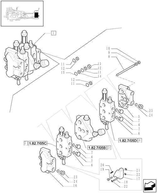 TL90A-1.82.7/05A - (VAR.386-389) TWO FRONT CONTROL VALVES - PARTS AND BODY SIDES