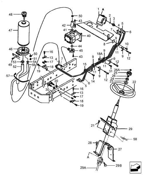 Diagram of all the parts for the TC55DA-04.03 - STEERING COLUMN, GEARBOX & PIPING at BRIM:Parts.
