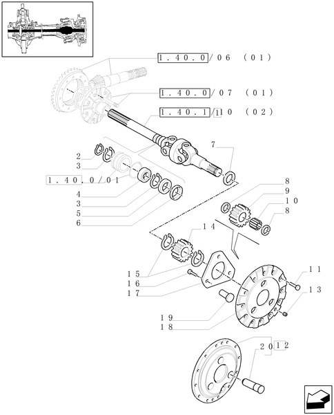 TM140-1.40.1/10[01] - (VAR.316) CLASS 3 FRONT AXLE WITH BRAKE - DIFFERENTIAL GEARS AND DIFFERENTIAL SHAFT