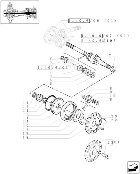 TM140-1.40.6/10[01] - (VAR.463) 4WD FRONT AXLE WITH SUSPENSIONS, FULL POWER SHIFT - GEARS AND DIFFERENTIAL SHAFT AXLE