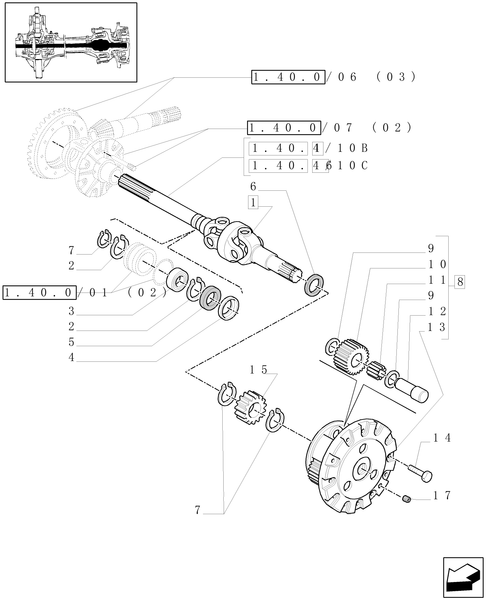 TM175-1.40.4/10[02] - (VAR.452) 4WD FRONT AXLE WITH BRAKES FOR TERRALOCK - GEARS AND DIFFERENTIAL AXLE