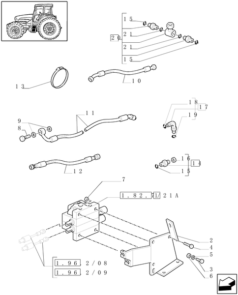 T6010 PLUS-1.82.7/21[01A] - VAR - 330820, 332820, 330821, 743745, 334820, 743746 - LOADER READY WITH 2 ELEMENTS MID MOUNT VALVES - CONTROL VALVE AND PIPES - D6432