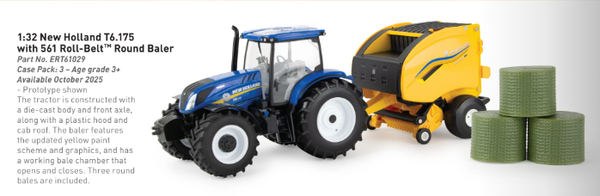 ERT61029 1:32 New Holland T6.175 w/ 516 Roll-Belt Round Baler Toy