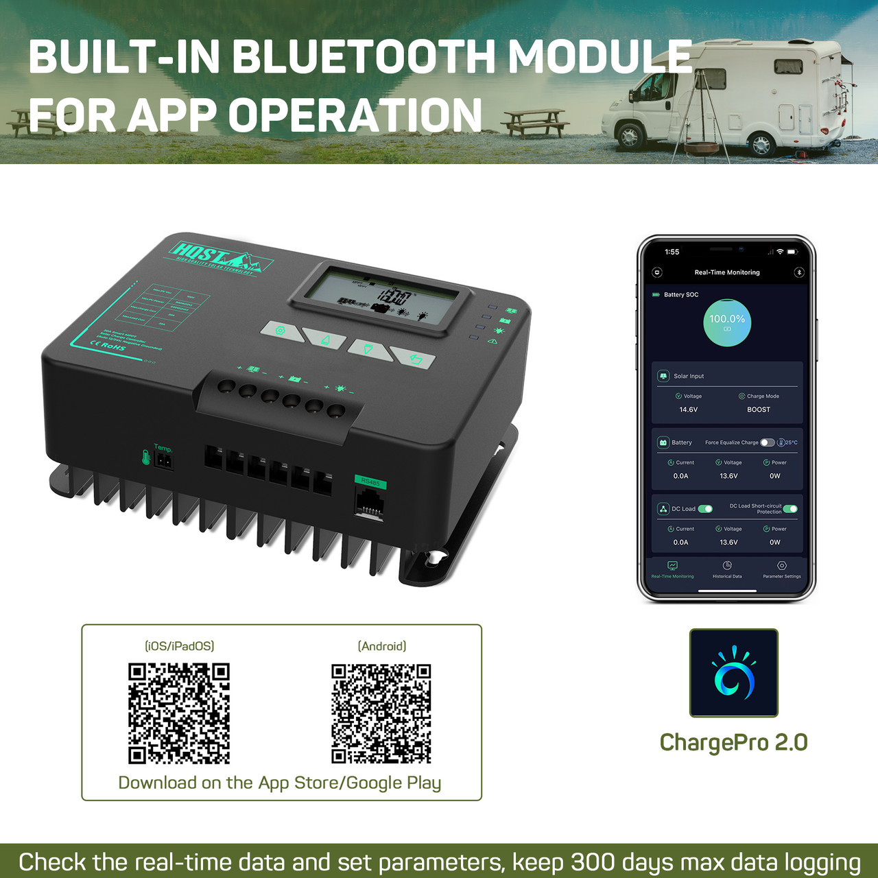 20A MPPT Solar Charge Controller with Bluetooth LCD Display