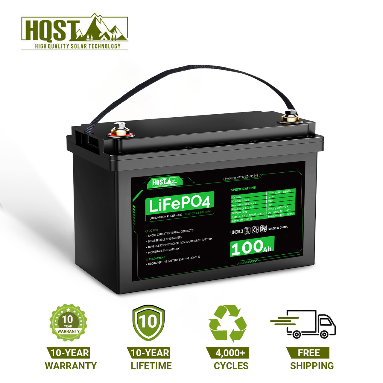 HQST 12 Volt 100Ah LiFePO4 Lithium Iron Phosphate Battery, Built-in  Optimized BMS with Low & High Temp Protection, Series and Parallel  Connection, for RVs, Boats, Solar System