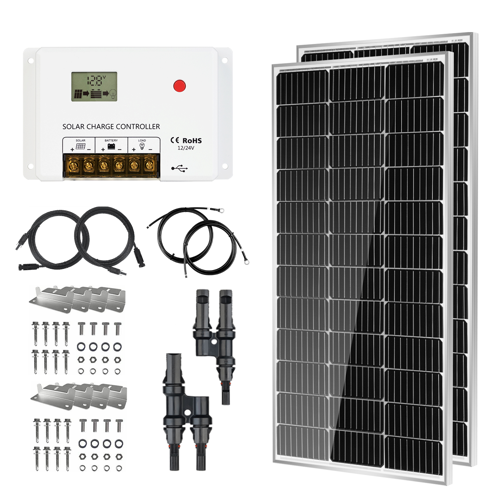 HQST 200 Watt 12/24 Volt 9BB Cell RV Solar Panel Kit w/ 30 Amp