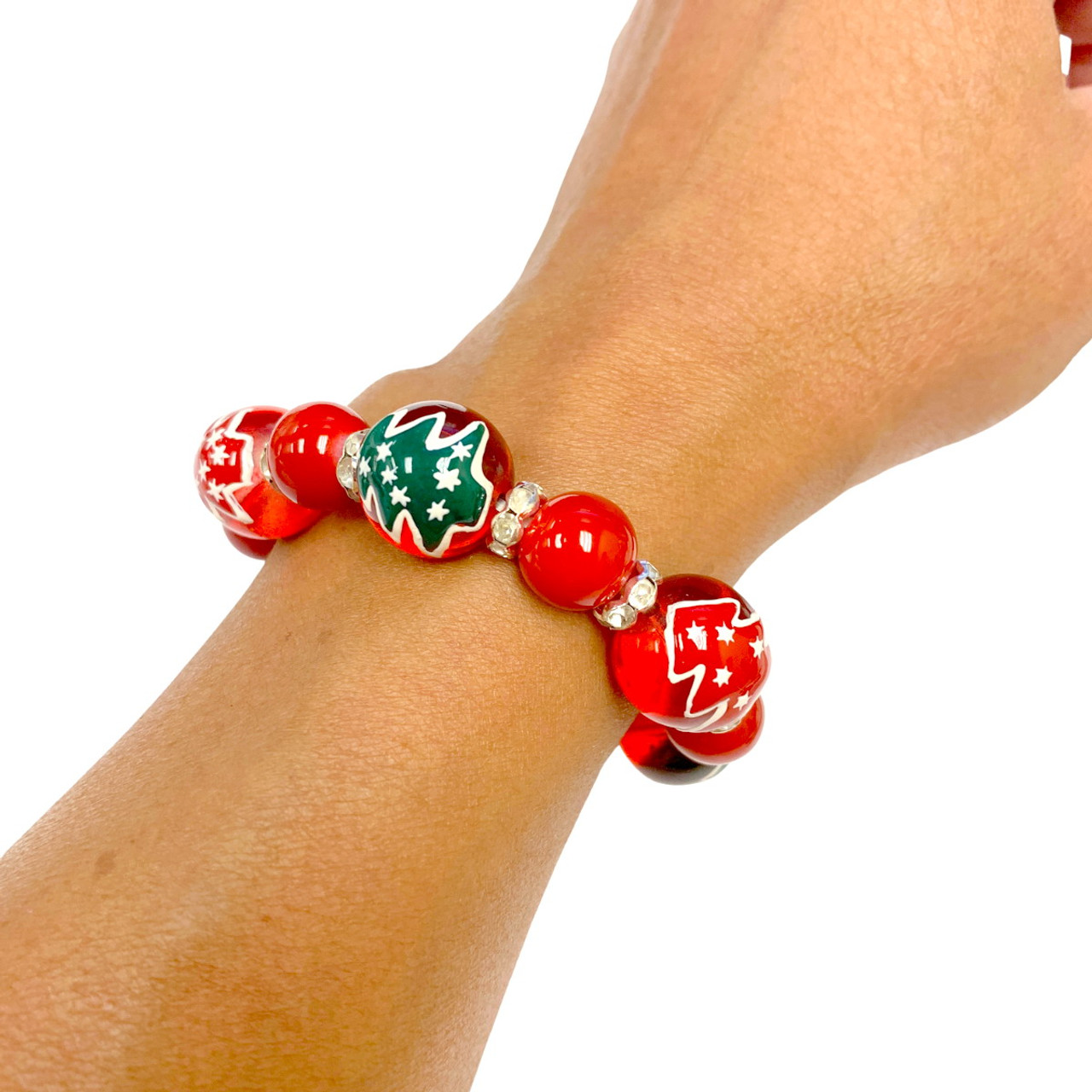 Two-tone Love You Square Spinner Red Christmas Bead Bracelet 
