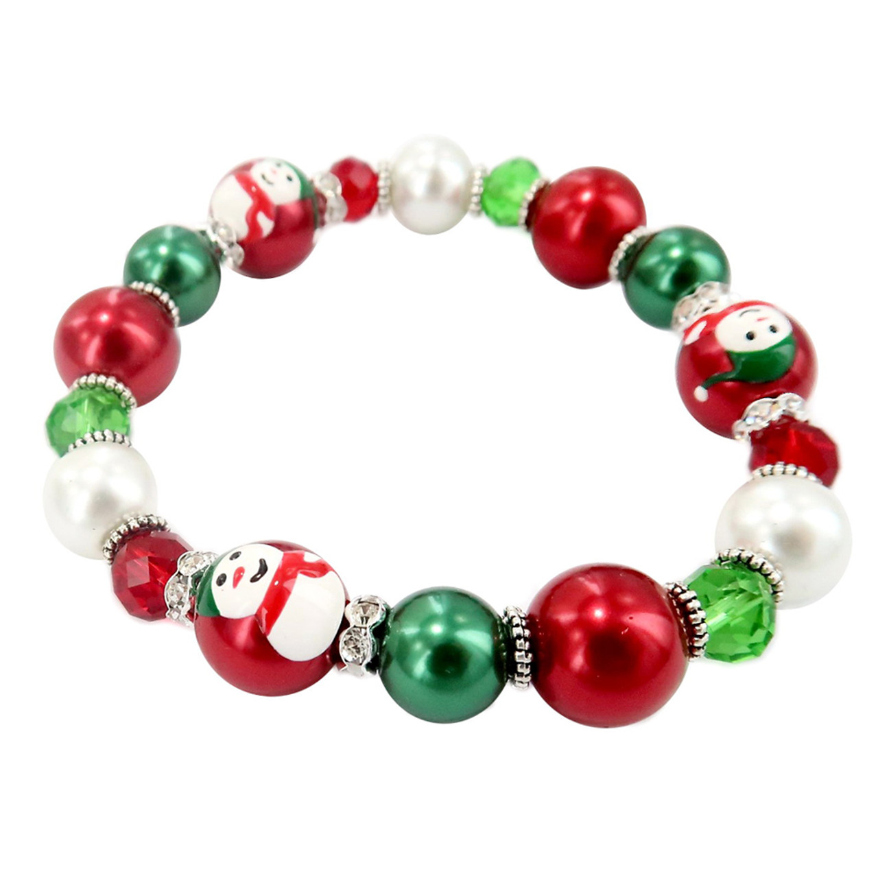Silvertone Red Crystal Sparkle Spinner Green Christmas Bead Bracelet 