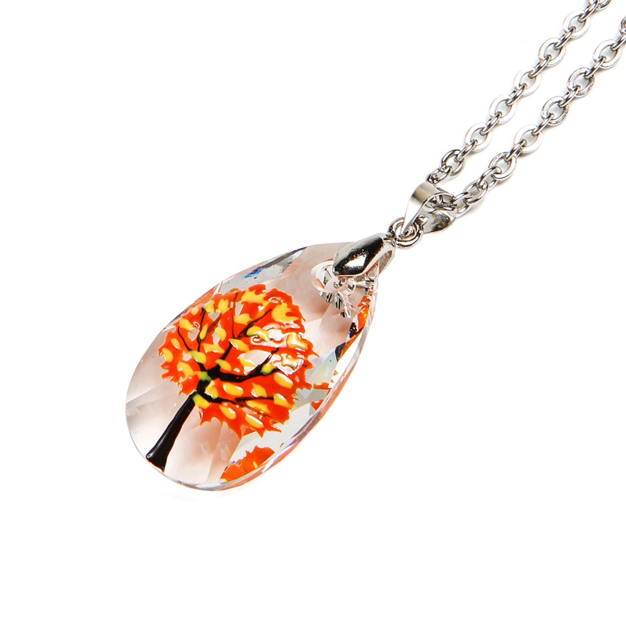 Fine Painted Fall Leaf Tree Swarovski Crystal Necklace with Gift Box. -  FIONA ACCESSORIES