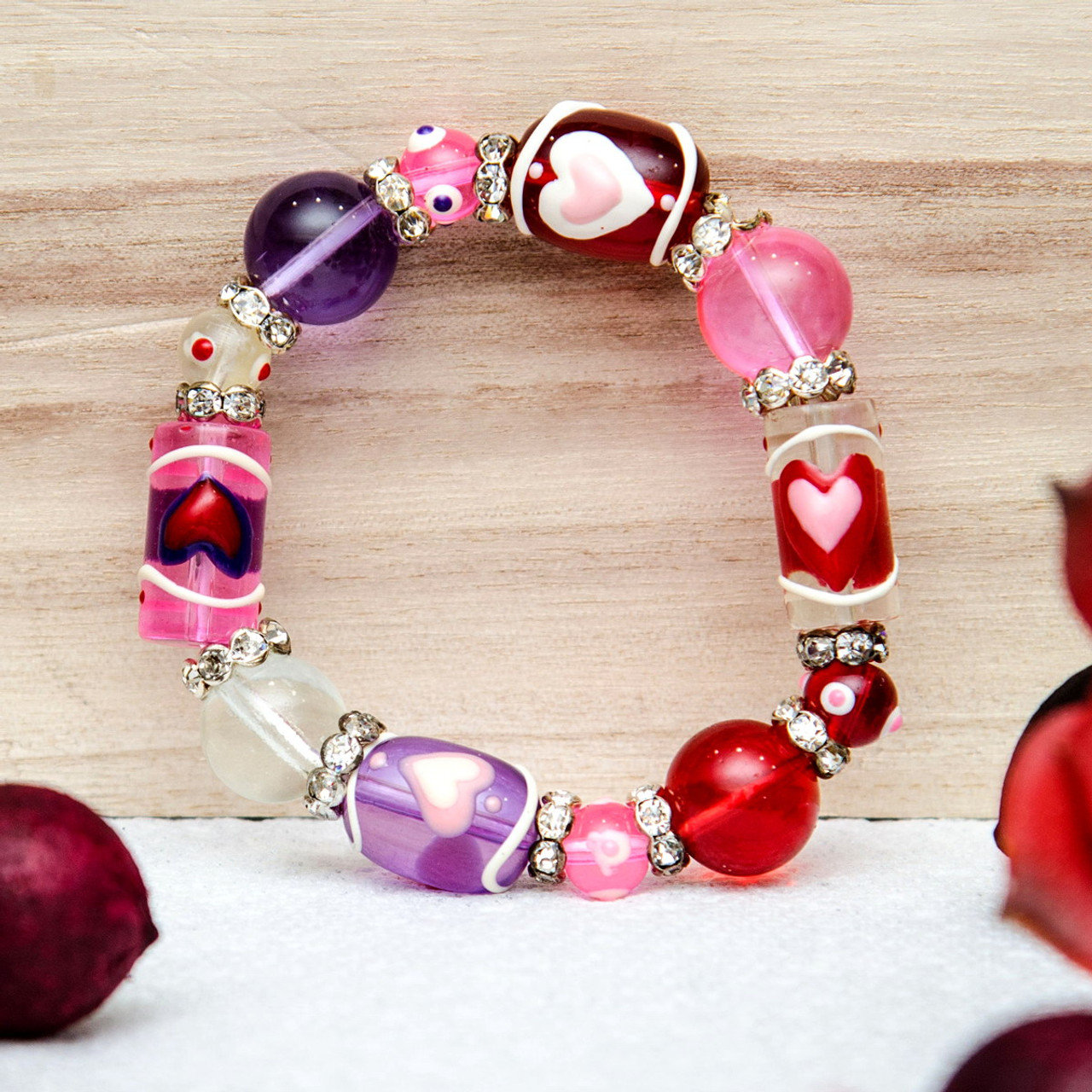 Heart Charm Bracelet - Red Heart Bracelet - Valentine Day Gift for Wife -  Glass Beaded Bracelet - Handmade Beaded Bracelets for Women --Fiona -  BR2257A